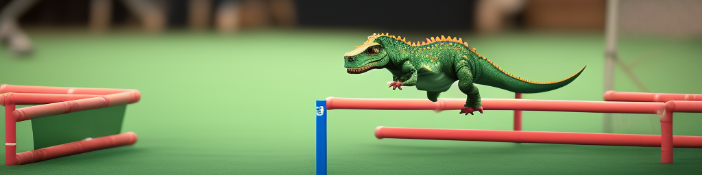 A bad AI generated image of a miniature dinosaur jumping over a hurdle at the dinosaur agility show.