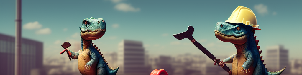 A bad AI generated image of two dinosaurs working at a construction site, working with tools. Both need to agree on the type of tool to use for a job, otherwise it won't get done.