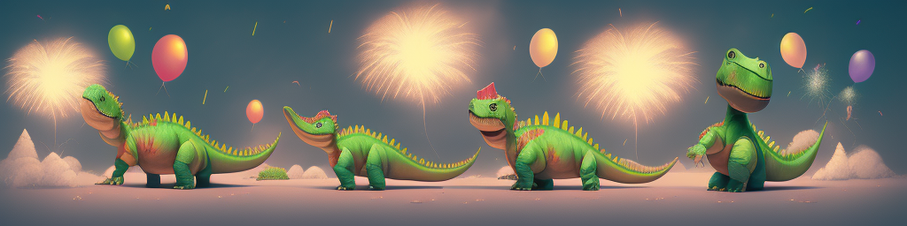 A bad AI generated image of a group of dinosaurs celebrating the new year.
