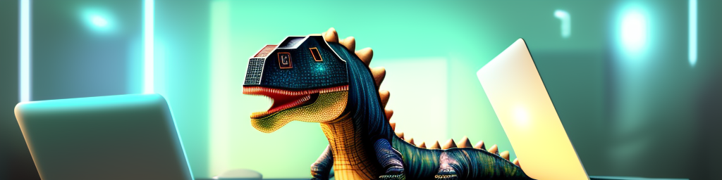 A bad AI generated image of a cyber dinosaur surfing through cyberspace.